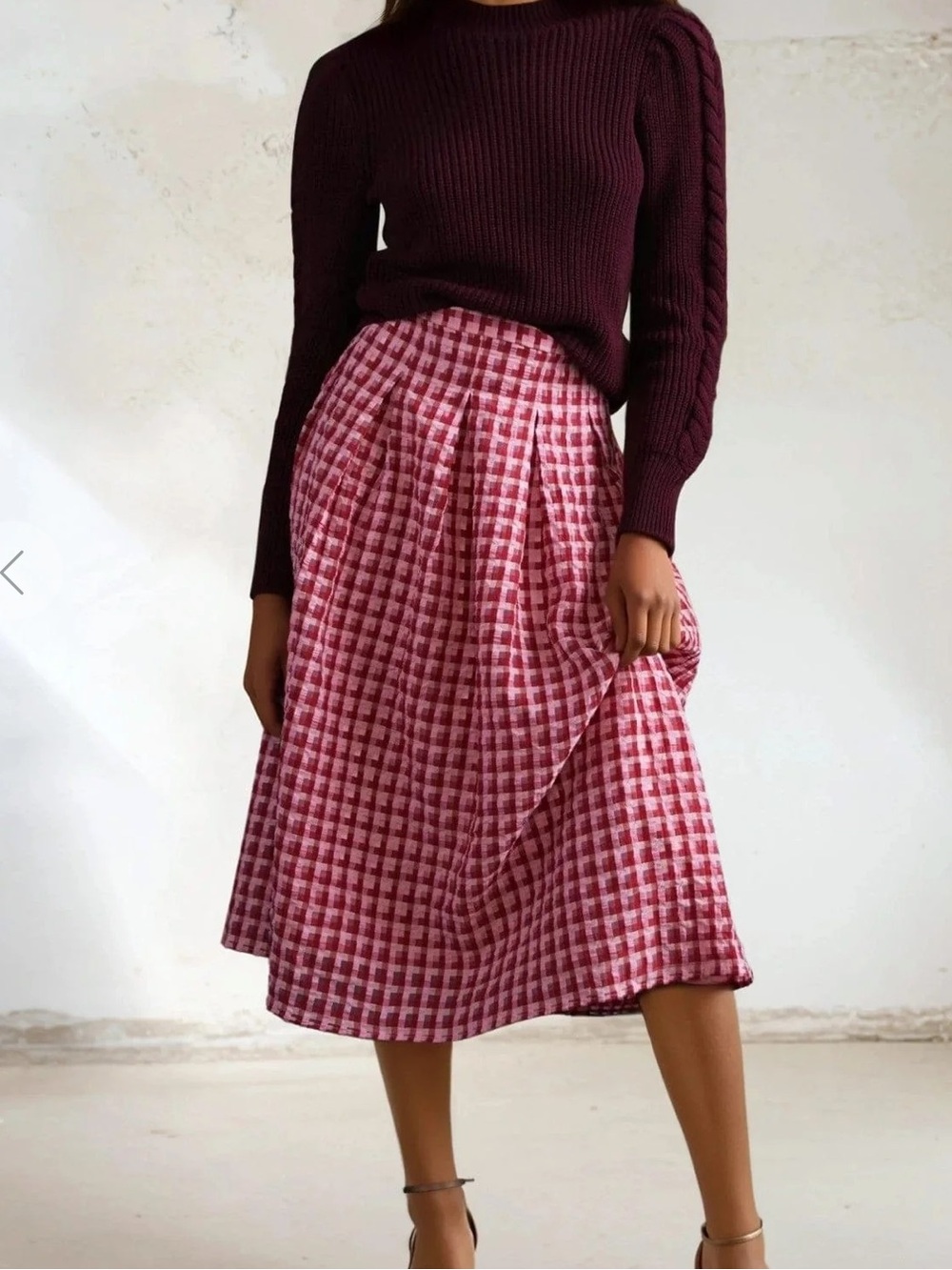 Anthro Eva Franco red pink cottagecore preppy Textured Plaid Midi Skirt size 4 - Picture 2 of 9